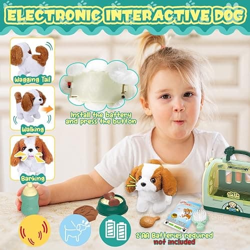 TEUVO Pet Care Play Set Robot Dog Toys for Kids, 12Pcs Kids Pretend Play Feeding Walk Bark Puppy Pet Toys with Interactive Electric Dog Plush & Cage, Xmas Gifts for Girls Toddlers 3 4 5 6 7 Years Old thumbnail 2