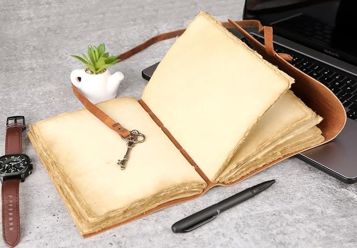 Leather Journal with Unlined Deckle Edge Paper 8x6 inch and Vintage Key | Handmade Writing Notebook Diary | Bound Daily Notepad for Men & Women Medium, Sketch/Writing pad for Artists thumbnail 2