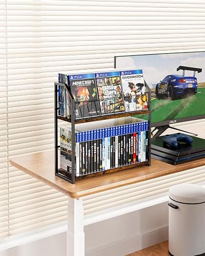 TJ.MOREE 2 Tier 56 Capacity DVD Rack/Storage/Holder and Vinyl Record Storage, Industrial Retro Carbon Steel/Wood, Space Saving Desktop Organizer thumbnail 2