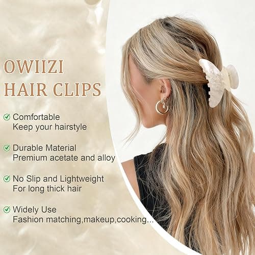 OWIIZI Durable Acetate Hair Clips for Women 4.13" Larger Claw Clips (White) | Non-slip Strong Hold Ponytail Barrette,Sturdy Butterfly Claw,Cute Hair Accessories for Girls Long Thick Thin Curly Hair thumbnail 3