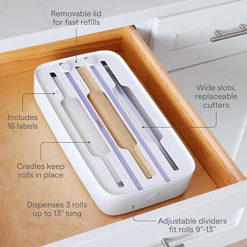 Wrap Dispenser, 3-in-1, Drawer Organizer for Foil, Plastic Wrap, Parchment and Wax Paper with Safety Cutters and Labels for Kitchen Organization thumbnail 4