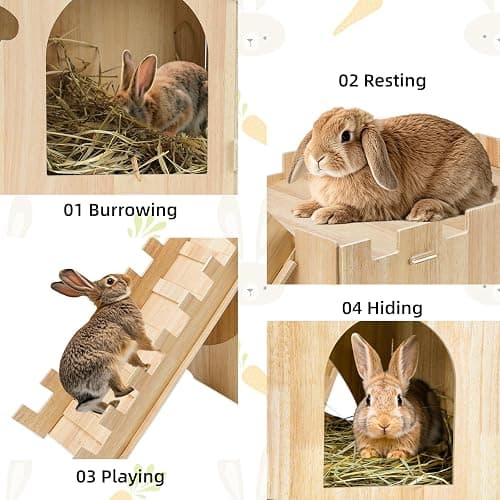 YUEPET Large Wooden Rabbit Castle with Ramp, Rabbit Pig Hideout Detachable Bunny House Indoor Small Animal Houses & Habitats for Adult Bunny Guinea Pig Chinchilla Hide Rest Play thumbnail 4