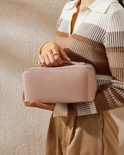 EACHY Travel Makeup Bag,Large Capacity Cosmetic Bags for Women,Waterproof Portable Pouch Open Flat Toiletry Bag Make up Organizer with Divider and Handle - Medium - AC-Pink thumbnail 8
