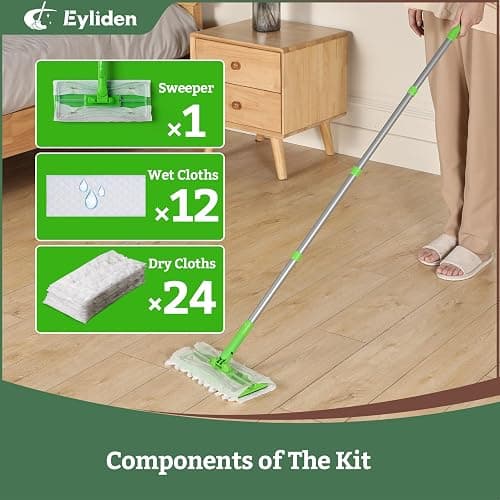 Eyliden Sweeper Mop - Lock Tight Design No Lost Pads - 36 Disposable Dry & Wet Cloths, Dust Mop Starter Kit for Pet Hair, Hardwood Floors, 360 Swivel, Universal Refills, Efficient Floor Cleaning thumbnail 6