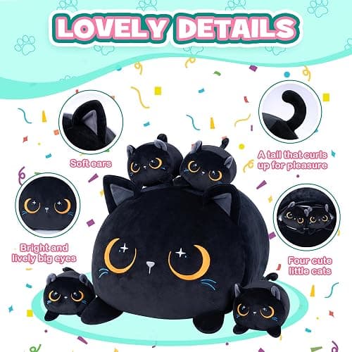 YIIQUWEN Black Cat Plush Cute Cat Stuffed Animal with 4 Baby Soft Pillow Christmas, Thanksgiving, Birthday Gift for Girls Boys Kids Decor thumbnail 3