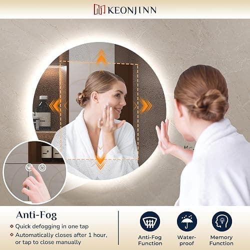 Keonjinn Badspiegel mit Beleuchtung Rund 70cm, Badezimmerspiegel mit Beschlagfrei Touch Schalter Speicherfunktion 3 Lichtfarben Dimmbarer LED Bad Spiegel Ohne Rahmen Badezimmer Wandspiegel thumbnail 2