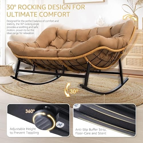 NICESOUL Double Large Papasan Chair Outdoor, Oversized 2 Person Egg Rocking Chair with Cushions, 700 lbs Heavy-Duty Wicker Loveseat Recliner Glider for Outdoor & Indoor Patio, Balcony & Garden, Brown thumbnail 5