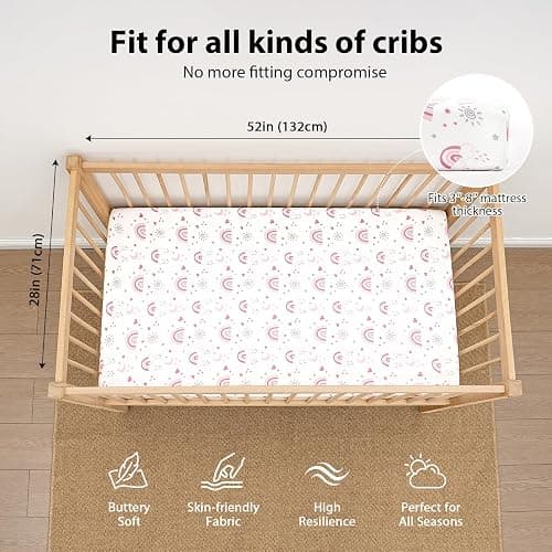 FIEMOL Baby Crib Sheets Girl, 3 Pack Toddler Bed Sheets Fitted for 52”x28” Standard Crib and Toddler Mattresses, Super Soft Microfiber Pink Rainbow thumbnail 2