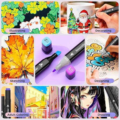 Soucolor Alcohol Markers 100 Colors with Case & Holders, Dual Tips Chisel & Fine Art Markers for Adult Coloring Kids Drawing, Artist Markers Art Supplies for Blending Sketching thumbnail 5