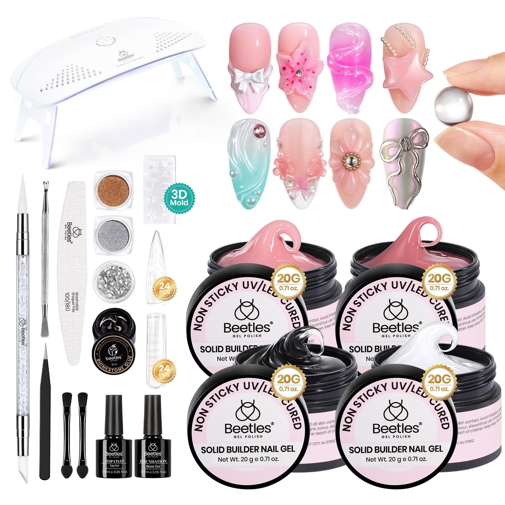 Beetles Solid Builder Gel for Nails, 20g *4 Colors Clear Pink White 3D Sculpting Gel Non-Sticky Hand Carving Nail Glue for 3D Nail Art with 3D Mold Chrome Nail Powder Tools Salon DIY at Home - Image 1