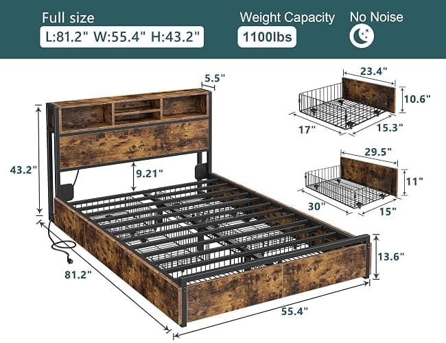 EnHomee Full Size Bed Frame with 6 Storage Drawers Full Bed Frame with Headboard, with Charging Station, No Noise, No Box Springs Needed, Vintage Brown. - Rustic Brown - Full thumbnail 2
