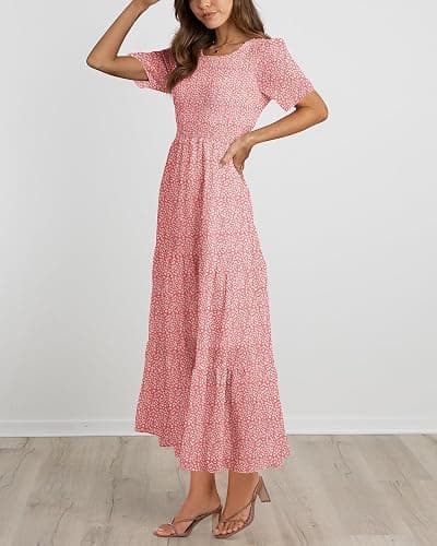 BTFBM Women Casual Short Sleeve Crew Neck Summer Dress Bohemian Floral Printed Flowy Maxi Dresses Tiered Cocktail Dress thumbnail 5