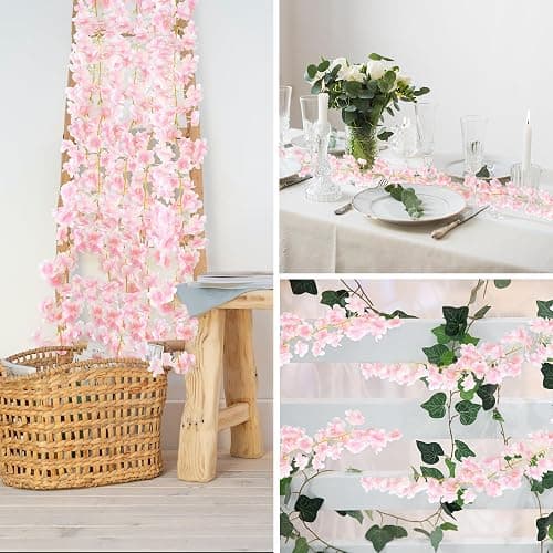 AWARDSEN 6PC 35.4FT Cherry Blossom Flowers Garland for Pink Flowers Garland Silk Cherry Blossom Vines Hanging for Wedding Party Sakura Cute Spring Summer Decor thumbnail 6
