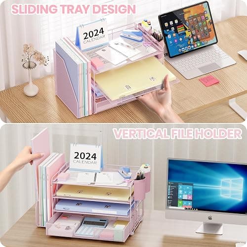 OPNICE Desk Organizer and Accessories, 4-Tier Desktop File Organizer with Drawer and 2 Pen Holders, Office Desk Accessories, File Sorters, Workspace Organizers for Office Supplies(Pink) thumbnail 6