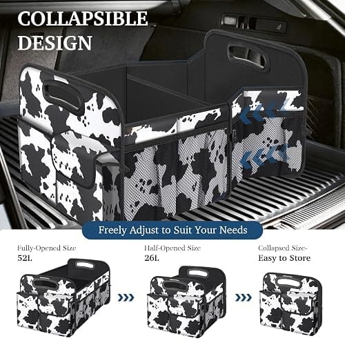 Femuar Car Trunk Organizer, Cow Print, Vintage Style, 52L Capacity, 4 Compartments, Waterproof, Non-Slip, Collapsible, 22.5"D x 18"W x 10.8"H thumbnail 4