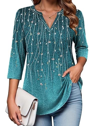 Zeagoo Womens 3/4 Length Sleeve Tops V Neck Tunic Casual Dressy Blouse Floral Printed Shirts - Image 1