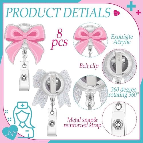 XunYee 8 Pack Pink Bow Nurse Badge Reels Xmas Retractable ID Name Nursing Medical Reels Badge Holder Christmas Stocking Gift for Nursing Student, ID Card Office Nurses Student, Teacher, Medical Worker thumbnail 4