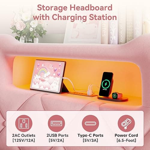 Twin Upholstered LED Bed Frame with 2 Storage Drawers and 2-Tier Storage Bookcase Headboard, Velvet Princess Platform Bed for Kids/Girls/Boys, Heavy Duty Metal Support, No Box Spring Needed, Pink thumbnail 6