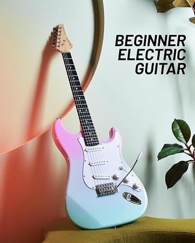 Leo Jaymz Beginner Electric Guitar 39” Kit with Portable Amplifier, Padded Gig Bag, Digital Tuner，Capo，Strap，Picks，Classic SSS Pickups(Pink-Cyan Fade-SSS) thumbnail 4