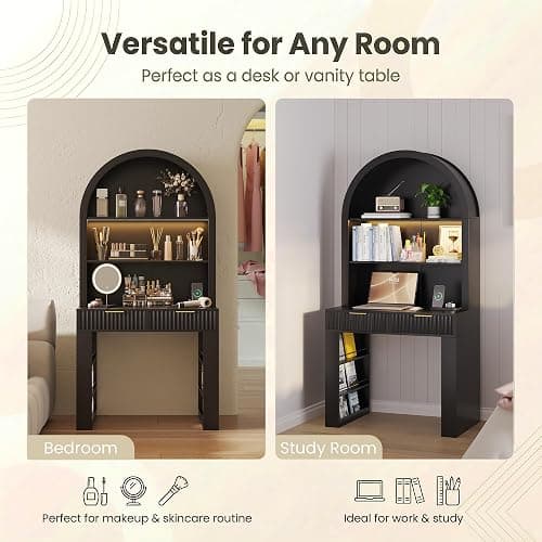 ZKIODV Arched Writing Desk with Hutch, Home Office Desk with 2 Drawers, Secretary Desk with Outlets, 3 Color LED Lights, Open Shelves, Computer Desk for Small Space, Bedroom 35.4" W x 70.8" H (Black) thumbnail 8
