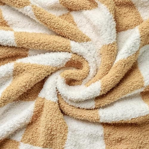 Cozzenity Checkered Throw Blanket, Khaki Soft Cozy Fluffy Knitted Throw Blankets for Couch, Sofa, Bed, Chair, Warm Fuzzy Travel Picnic Lightweight Plaid Blanket, 60x80 inches - Khaki - 60×80 Inch thumbnail 5