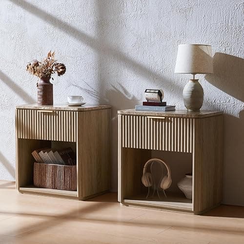 Fluted Nightstand Set of 2, Bedside Table with Faux Marble-Top, Engineered Wood Side Table with Drawer Open Shelf, Curved Corners, Modern Night Stand for Bedroom, Small Spaces, Natural Oak thumbnail 8