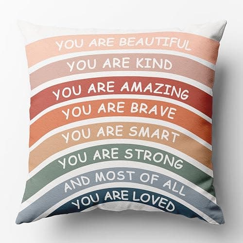 You are Beautiful Kind Amazing Brave Smart Strong and Most of All You are Loved Inspirational Quote Rainbow Throw Pillow Covers 18x18 Inch，Home Bedroom Living Room Decor，Boho Lovers Girls Kids Gifts - Image 1