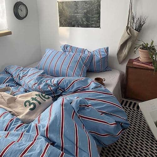 mixinni Vintage Striped Blue Duvet Cover Queen - 100% Cotton Red Stripes 3-Piece Bedding Duvet Cover Set with Zipper Closure, Soft & Breathable Retro Design for All Seasons (Queen Size) thumbnail 6