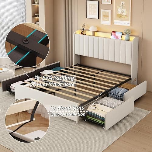 Etditrnp Queen Bed Frame with 4 Storage Drawers, LED Bed Frame with Charging Station, Velvet Channel Tufted Upholstered Headboard, Wood Slats Support Noise-Free, No Box Spring Needed, Beige thumbnail 7