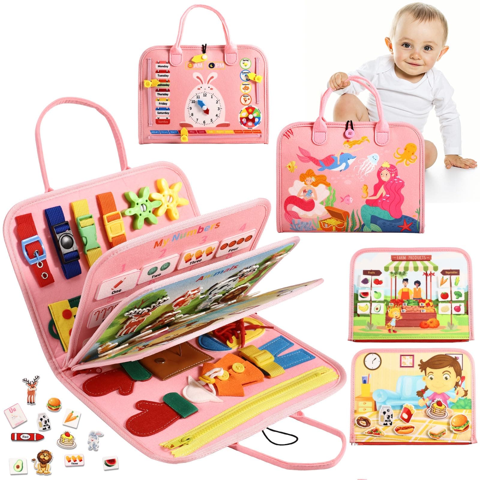 Busy Board Bag for Toddler with Zipper Removable 5 Page, Sensory Activity Developing Board Toys for Preschool, Quiet Book Educational Toys, Montessori Learning Early Education Travel Toy(Pink) - Image 1