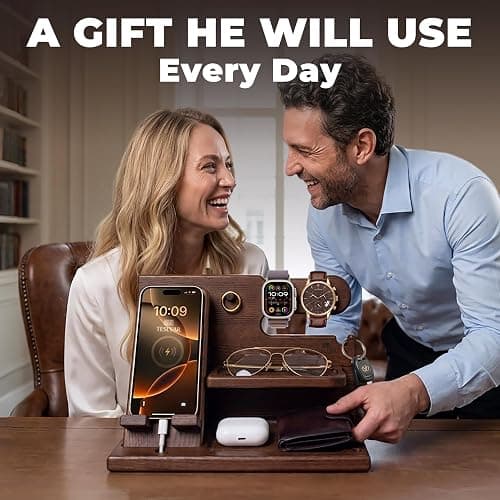TESLYAR Wood Phone Docking Station for Men - Desk or Nightstand Organizer - Birthday Gifts for Husband, Dad - Anniversary Idea from Wife - Key Holder, Stand Wallet, Watch & Essentials (Bourbon Brown) thumbnail 2