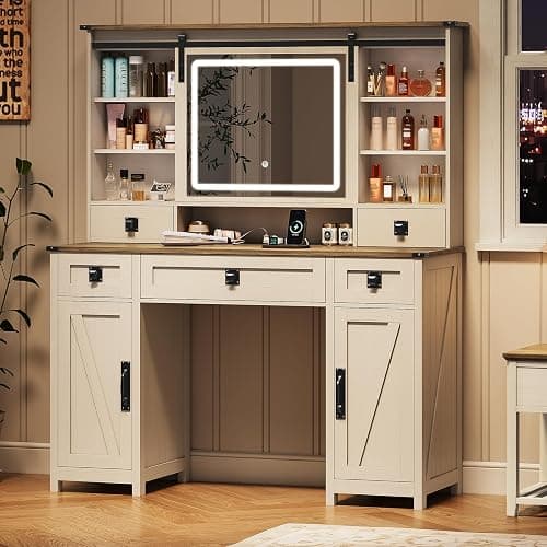 Farmhouse Makeup Vanity Desk with Sliding Mirror and Lights, 47.2" Big Vanity Table with Charging Station, Makeup Desk with 5 Drawers & 2 Cabinets, White thumbnail 7
