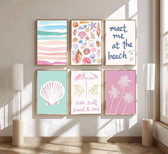 6Pcs Pink Beach Preppy Canvas Wall Art Colorful Coastal Seashell Picture Wall Decor Seaside Beachy Palm Tree Aesthetic Posters Cute Summer Ocean Painting Print Artwork for Girls Bedroom Dorm Apartment thumbnail 5