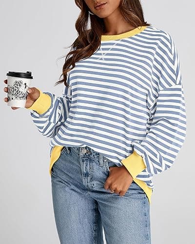 BTFBM Womens Oversized Striped Sweatshirt Crewneck Long Sleeve Pullover Top Casual Y2K Fall Clothes 2025 Workout Shirt - Blue Beige White - Medium thumbnail 7