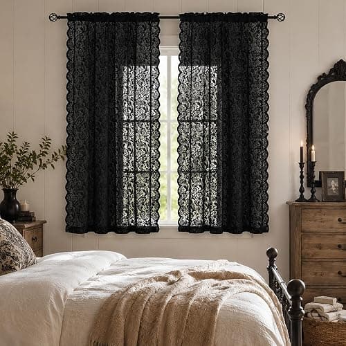 ALIGOGO Black Lace Curtains for Bedroom, Gothic Style, 52W x 63L Inch | Halloween Home Decor, Witchy Moody Curtains, Victorian Vintage Floral Pattern, Light Filtering&Privacy, Rod Pocket, 2 Panels thumbnail 9