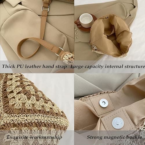 Straw Hobo Bag for Women 2026 Boho Woven Beach Purse Large Summer Straw Tote with Lining Black Raffia Shoulder Bag | straw material thumbnail 5