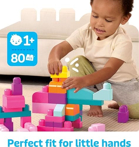 MEGA BLOKS First Builders Toddler Blocks Toys Set, Big Building Bag Collection with 80 Pieces and Storage, Pink, Ages 1+ Years thumbnail 3