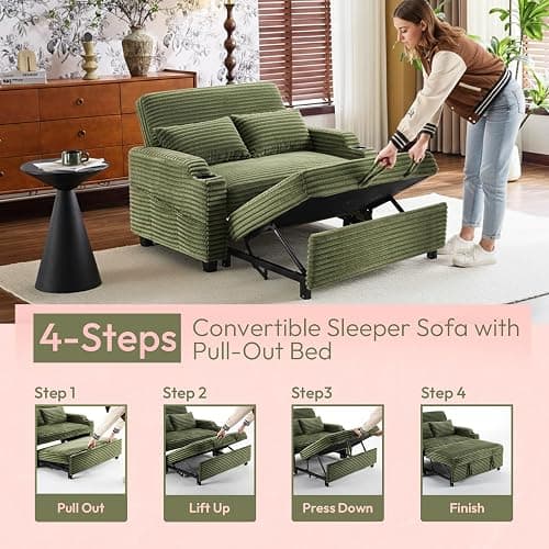 VINGLI Green Futon Sofa Bed Convertible Loveseat Sleeper Sofa Couch, Corduroy Pullout Sofa Fold Out Couch Bed with USB Ports, Cup Holders, Armrest for Living Room, Bedroom Apartment Room thumbnail 5