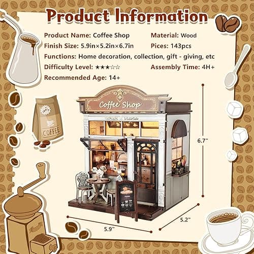 DIY Miniature House Kit, Coffee Shop Book Nook Kit, Mini Building Kit, Dollhouse Kit for Adults and Teens, 3D Wooden Puzzles with LED Light, Craft Kit for Family and Friends(Retro Coffee Shop) thumbnail 4