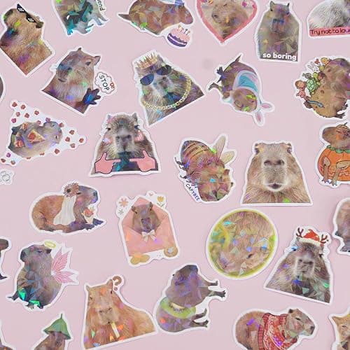 Capybara Stickers, 108 PCS Funny Vinyl Waterproof, Meme Animals Holographic Decals Stickers for Laptop, Water Bottles, Capy Birthday Decorations, Gifts for Capybara Lover thumbnail 9