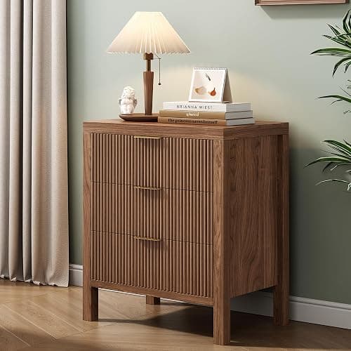 LSKTGA 3 Drawer Dresser for Bedroom, Modern Wooden Chest with Handles, Fluted Dresser with Wide Drawers and Bearing Slide for Hallway, Entryway, Walnut - Image 1