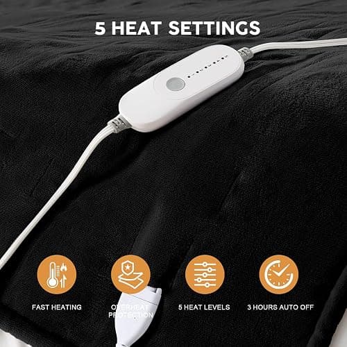 HYLEORY Heated Electric Blanket Throw 50"x60" Soft Fleece & Flannel with 5 Heating Levels & 3 Hours Timer Auto Shutt Off, ETL Certified, Washable，Heated Blanket for Body-Black thumbnail 7
