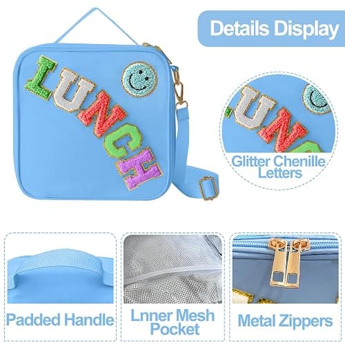 Insulated Lunch Bag With Adjustable Shoulder Strap, Nylon Preppy Lunch Box Large Insulated Lunch Bag Reusable Lunch Tote Bag with Smiley Preppy LunchBag for Girls School Travel Picnic (Dark blue) thumbnail 5