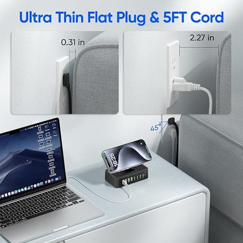300W USB Charging Station, 11-in-1 USB C Power Strip Surge Protector, 2AC Outlets & 8USB Ports, 5ft Flat Plug Extension Cord with Multiple Devices, Desktop Charger for Home Office Desk Accessories thumbnail 5