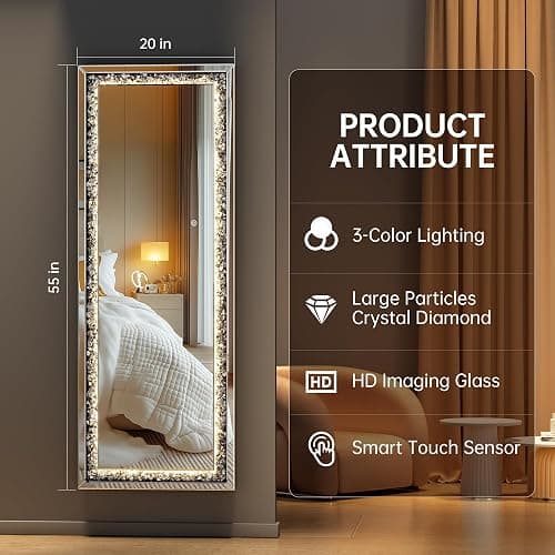Hasipu 55"×20" LED Full-Length Mirror Crystal Crush Diamond, Wall Mounted Diamond Mirror Leaning for Living Room Bedroom Dimming & 3 Color Modes thumbnail 6