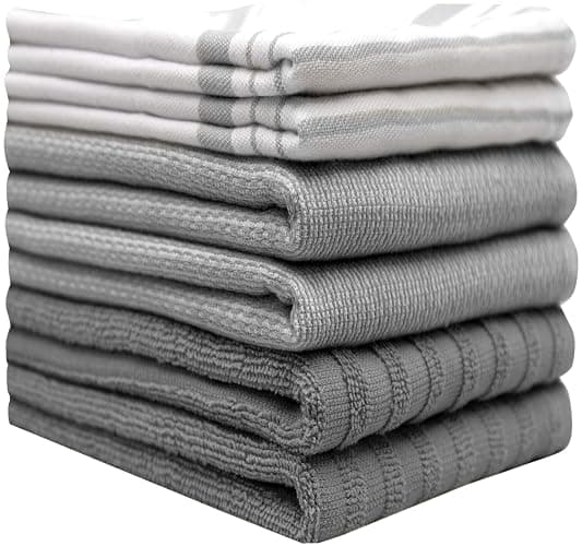 Premium Kitchen Towels (20”x 28”, 6 Pack) | Large Cotton Dish Towels | Flat & Terry Highly Absorbent Kitchen Linen Set with Hanging Loop | Grey Striped thumbnail 2