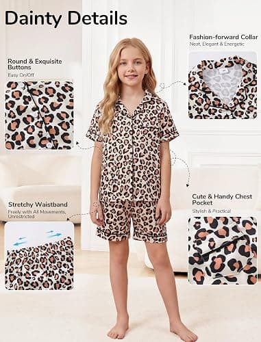 Mikrdoo Girls Pajamas 2 Piece Summer Soft Silk Satin Short Sleeve Pajama Set Cute Pjs Sleepwear for Kids Size 6-16 Years thumbnail 5