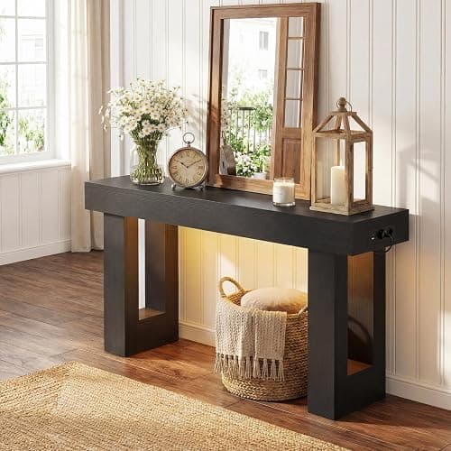 iSunirm Konsolentisch 120 cm mit Steckdosen & Bewegungsmelder-Licht, Beistelltisch mit offenem Stauraum, Landhausstil, für Eingang, Flur, Wohnzimmer, Schwarz thumbnail 6