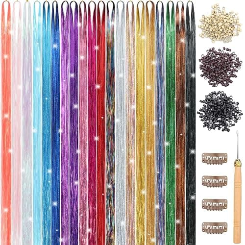 YUBTY Hair Tinsel Kit 20 Colors 4800 Strands Fairy Hair Tinsel Heat Resistant 48 Inches Glitter Tinsel Hair Extensions Highlights Sparkling Hair Tinsel Kit for Girls Hair Accessories Party Festival - Image 1