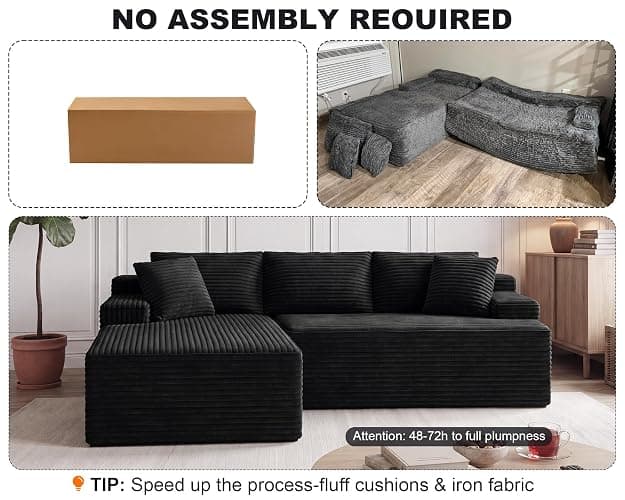 KIVENJAJA 96" Boneless Sectional Couch, 3 Seat with Chaise, Black | living room, apartment, basement, no assembly required, deep seat, cloud, easy to move, corduroy fabric, high-density foam thumbnail 6